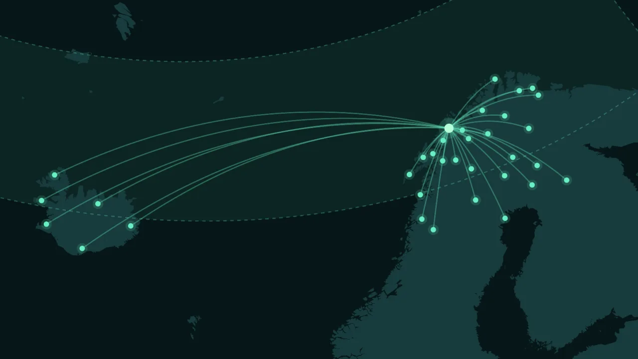 Map of the Nordic countries with lines from Tromsø to every Aurora Atlas destination in Norway, Sweden, Finland and Iceland, under the green band of the auroral oval