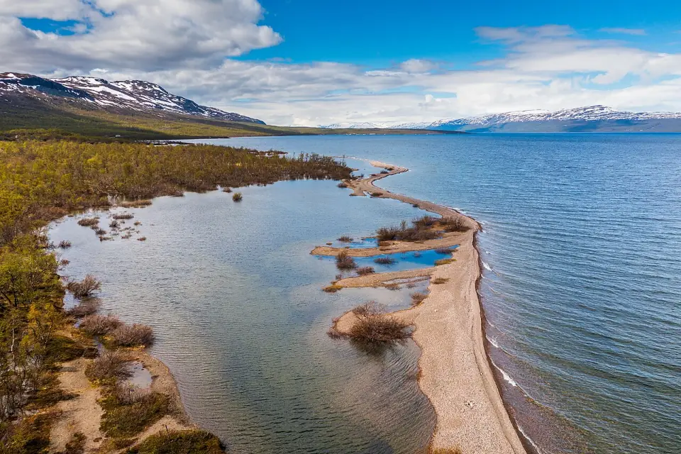 Sandspit near Golggokjohka on Torneträsk lake in Kiruna, Norrbottens län, Sweden, 2022 June
