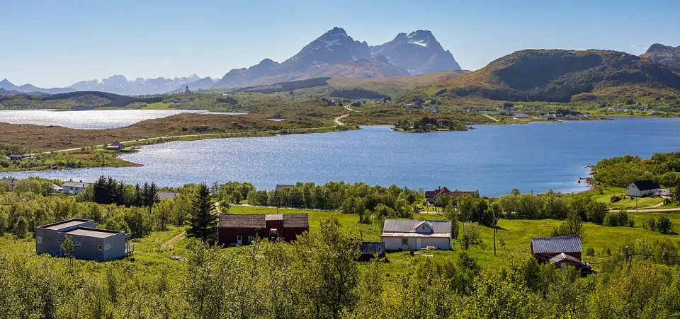 View over Ytterpollen and Innerpollen from Torvdalshalsen in Vestvågøy, Nordland, Norway, 2022 June