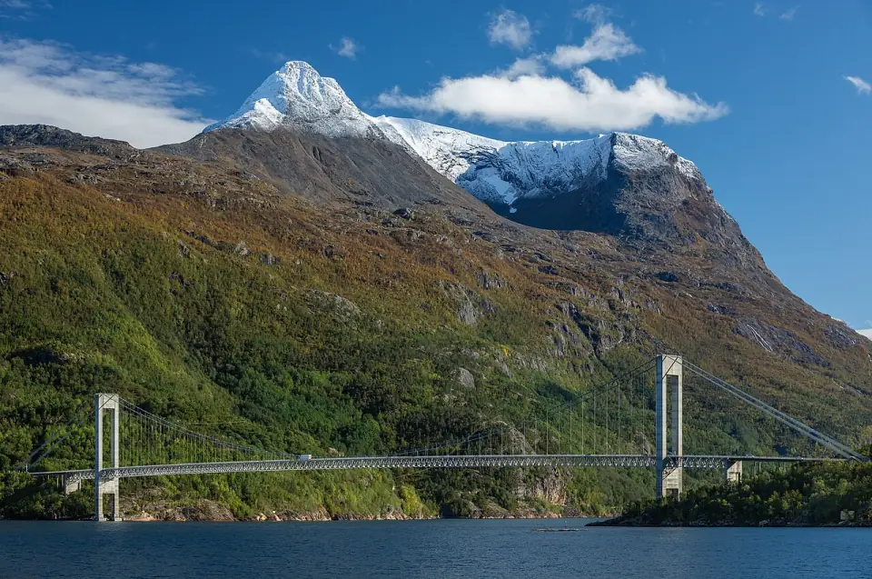 Skjomenbrua over Skjomen and Sovande dronning, Narvik, Nordland, Norway, 2023 September